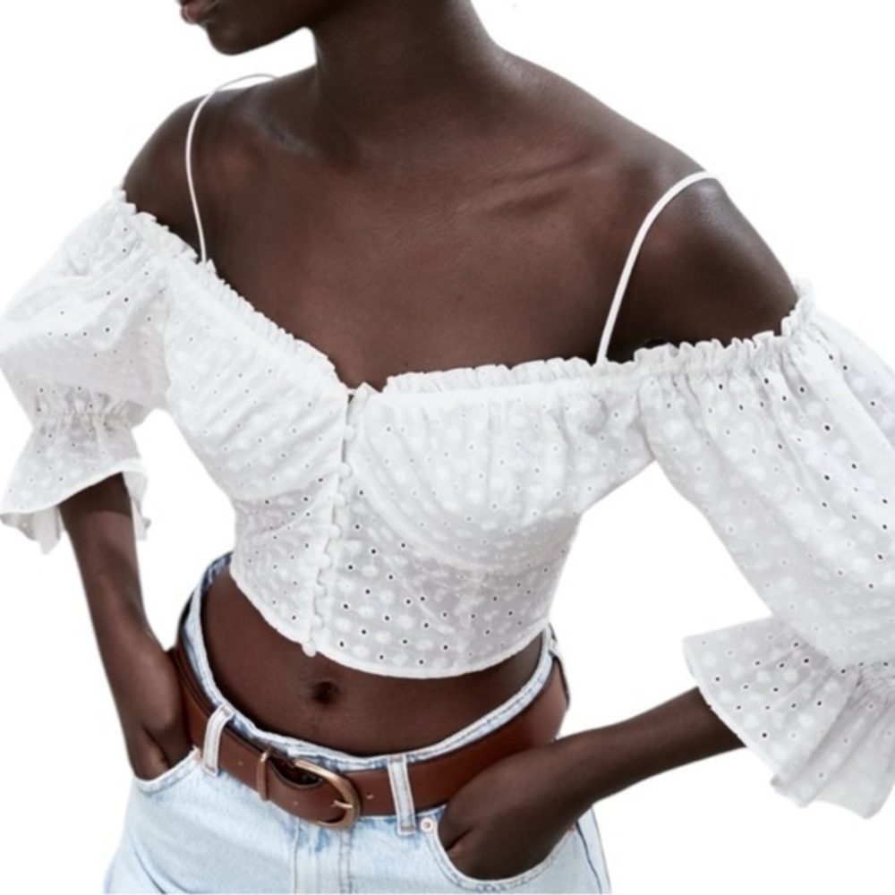 Zara White Off-Shoulder Eyelet Crop Top